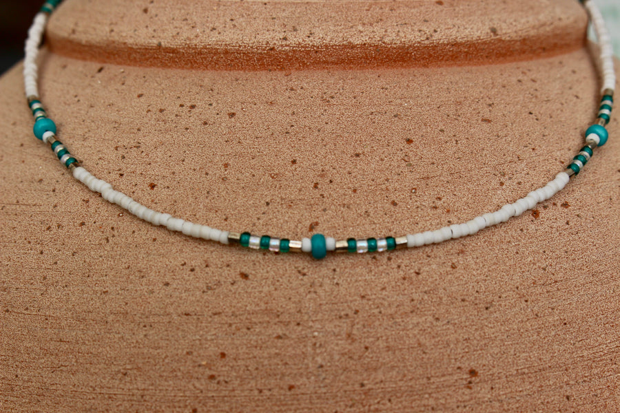 Matte White and Turquoise Beaded Necklace