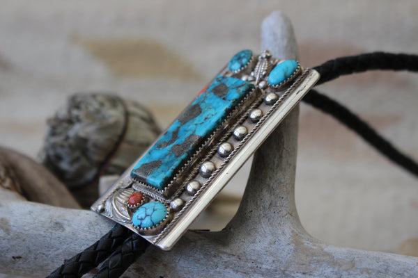 Native American Profile bolo Tie Turquoise / Coral top Chip Inlaid Headdress Cowboy