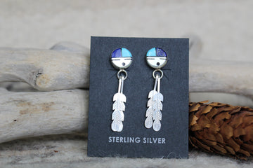 Lapis Sunface Feather Earrings