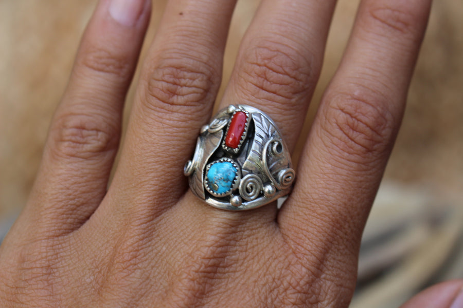 Turquoise and Coral Feather Ring