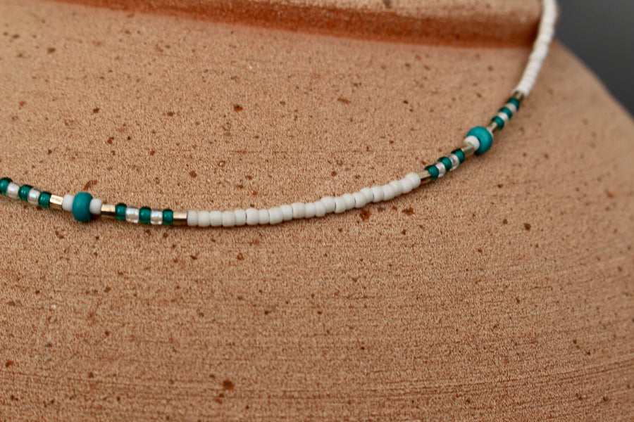Matte White and Turquoise Beaded Necklace
