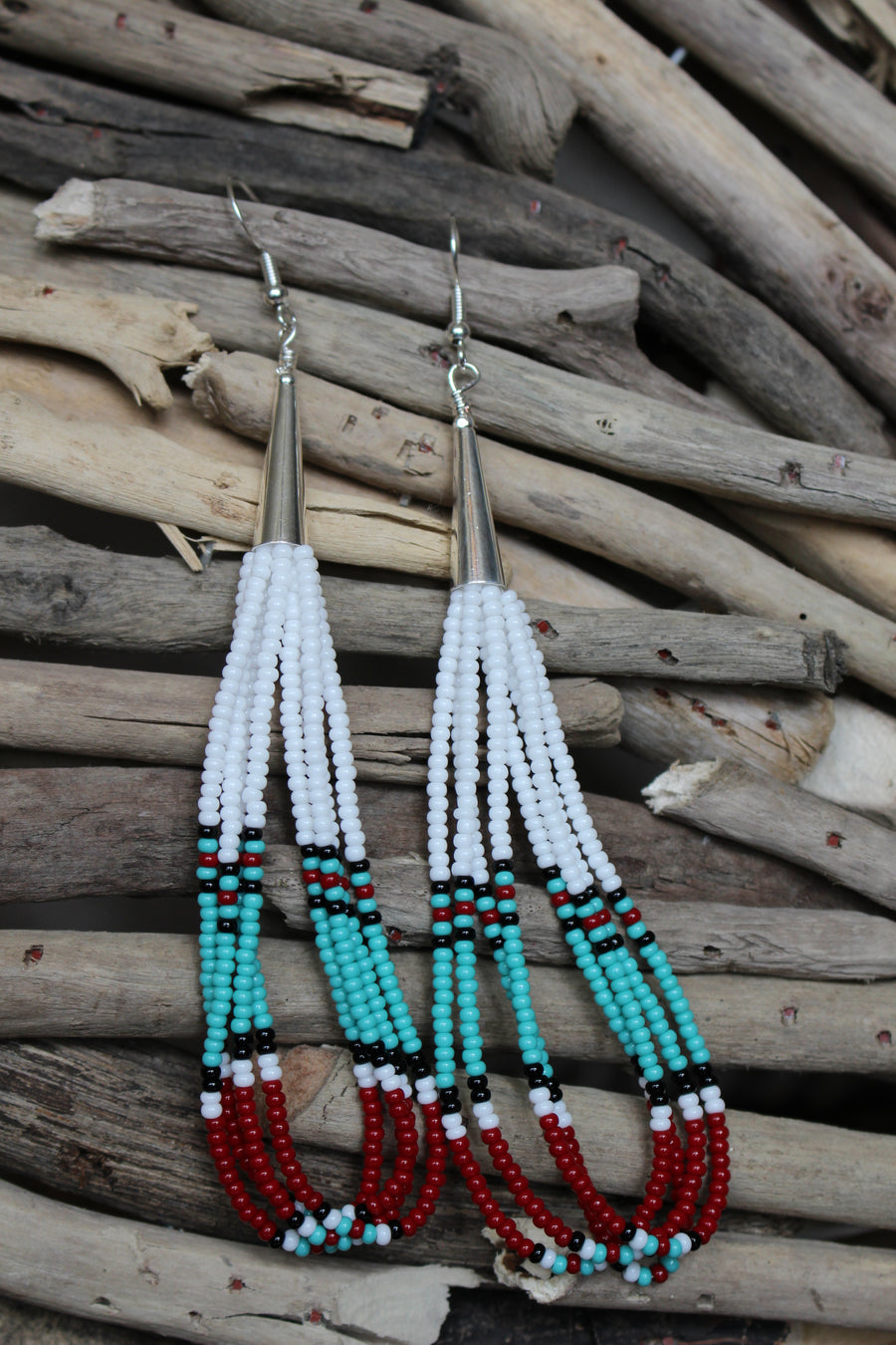Short White and Turquoise Beaded Earrings