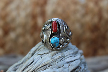 Turquoise and Coral Feather Ring