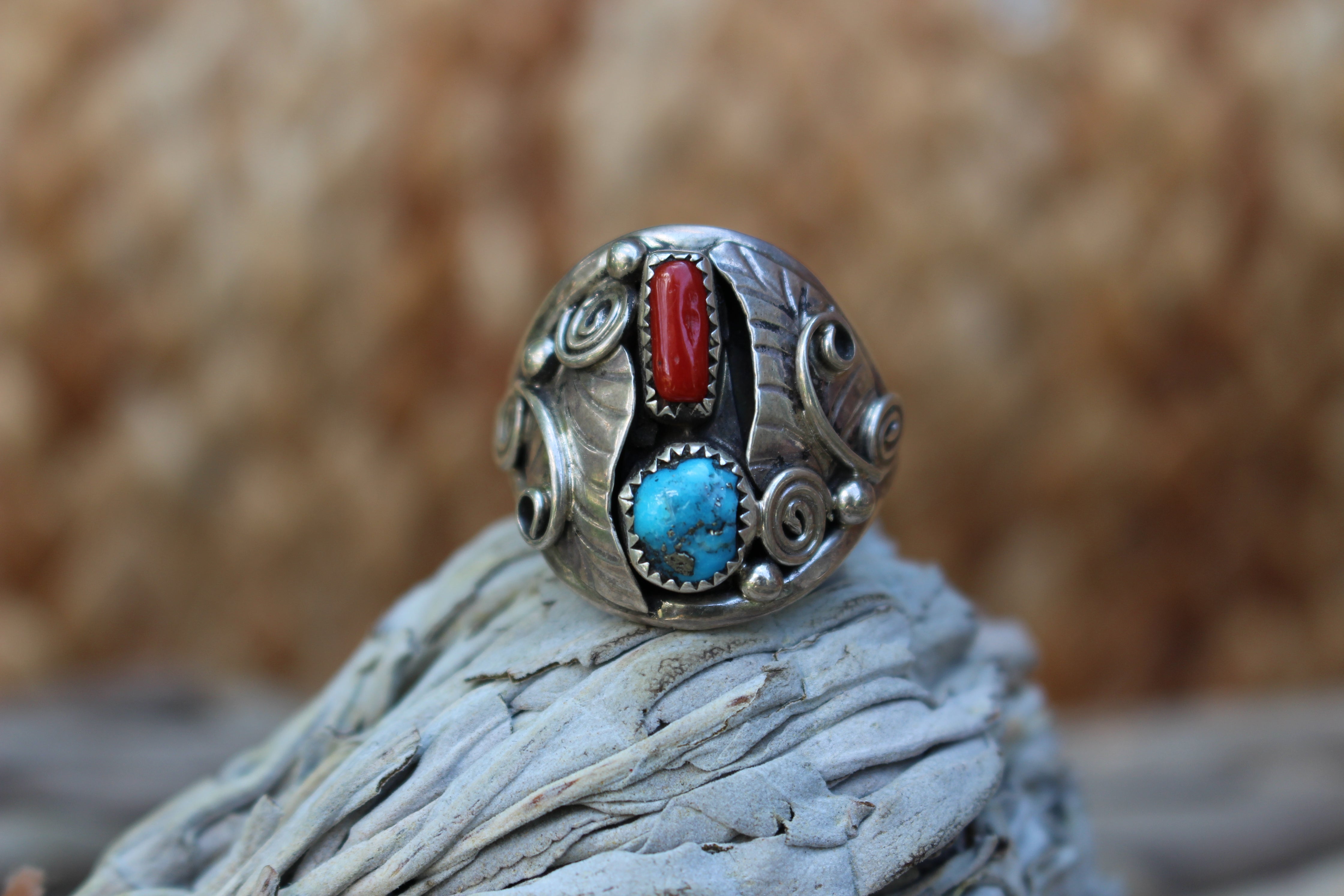 Turquoise and Coral Feather Ring – Kotah Bear