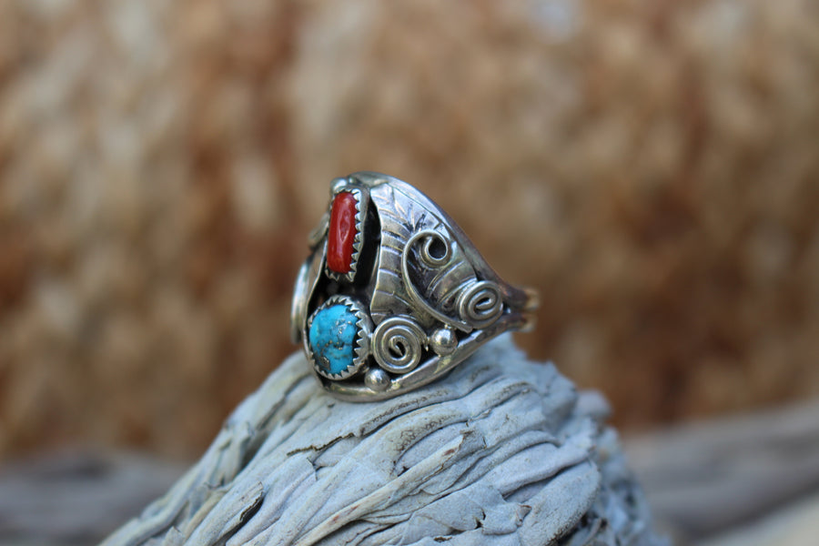 Turquoise and Coral Feather Ring
