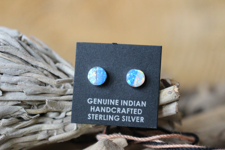 Round Blue and White Opal Studs