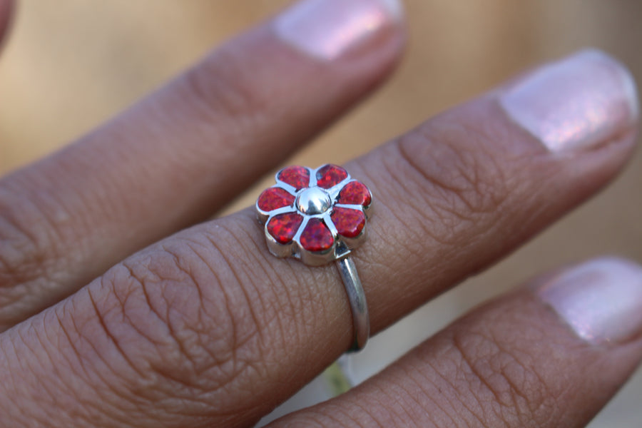Red Opal Flower Ring