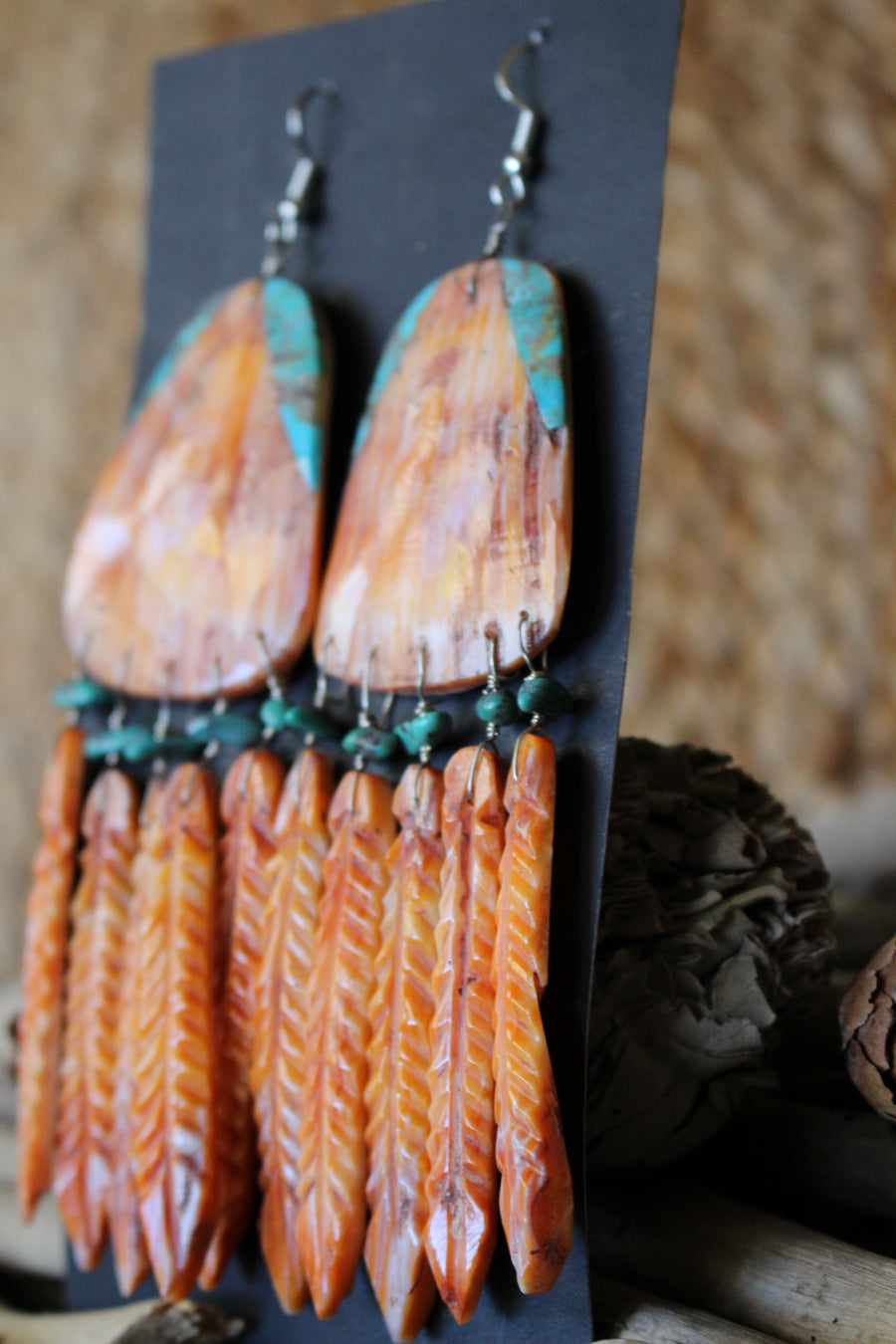 Spiny Oyster Feather Earrings