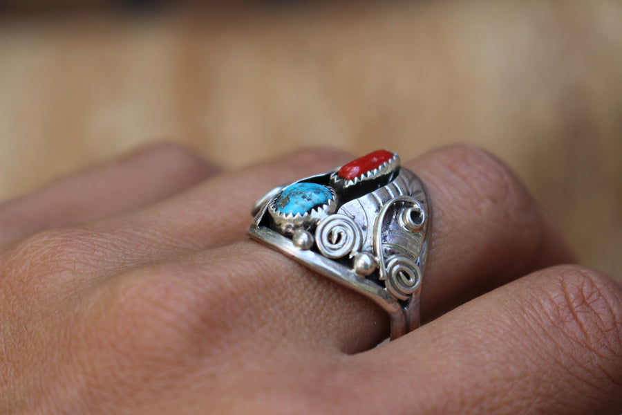 Turquoise and Coral Feather Ring