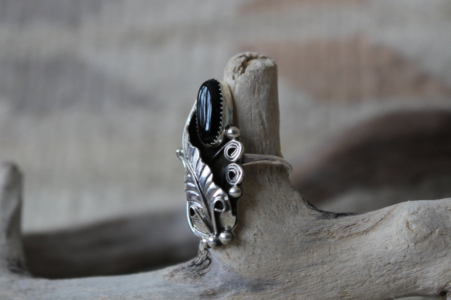 Black Onyx and Feather Ring