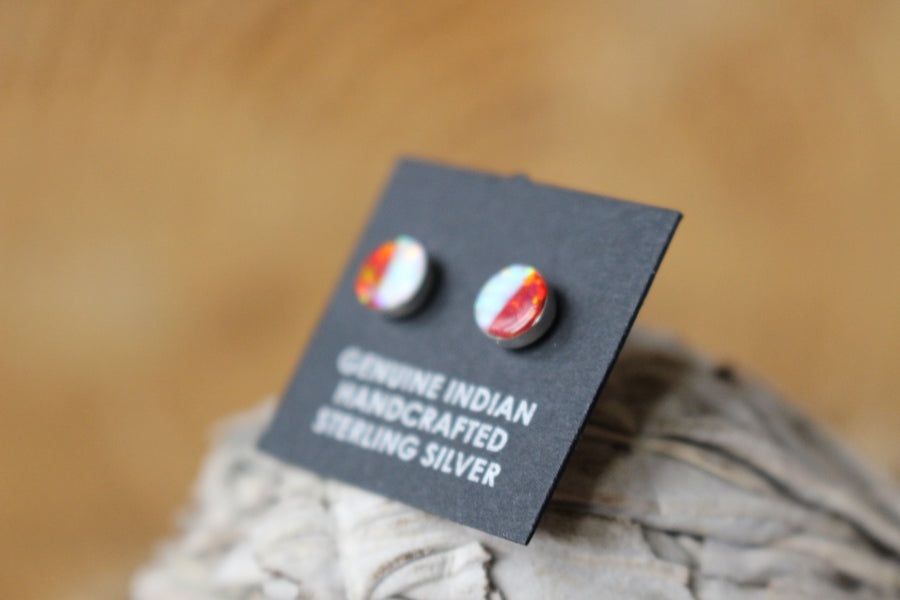 Round Red and White Opal Studs