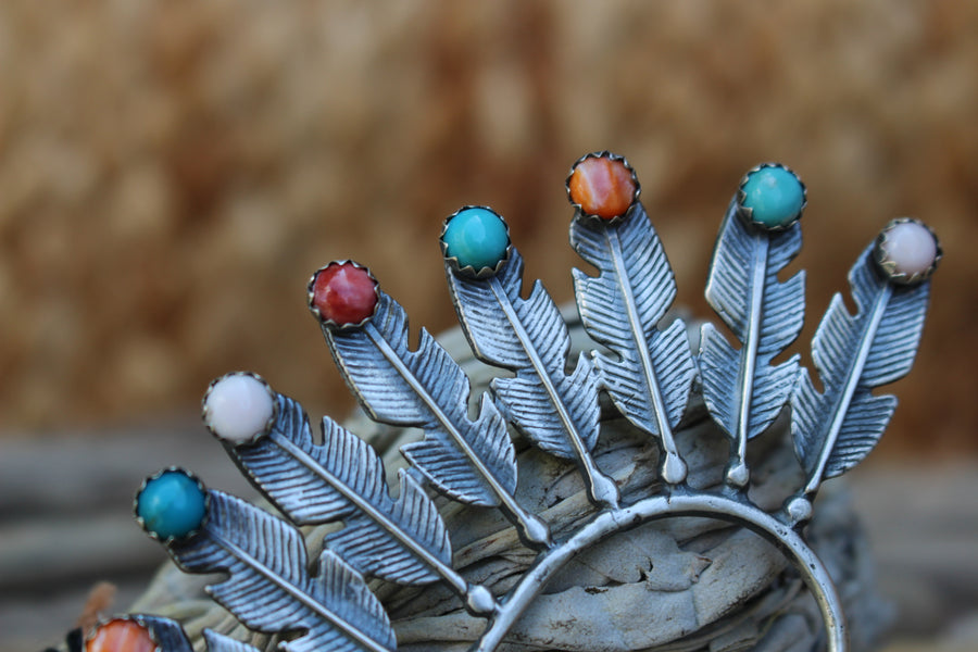 Multi Stone Feather Ear Cuff