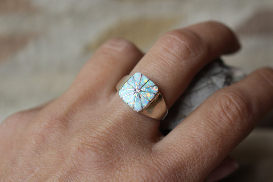 White Opal Square Ring