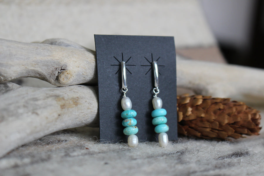 Turquoise and White Pearl Earrings