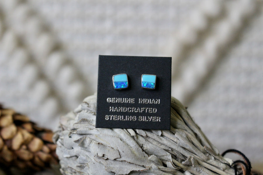 Blue Opal and Turquoise Square Studs