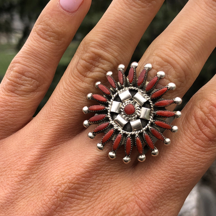 Coral Needlepoint Cluster Ring