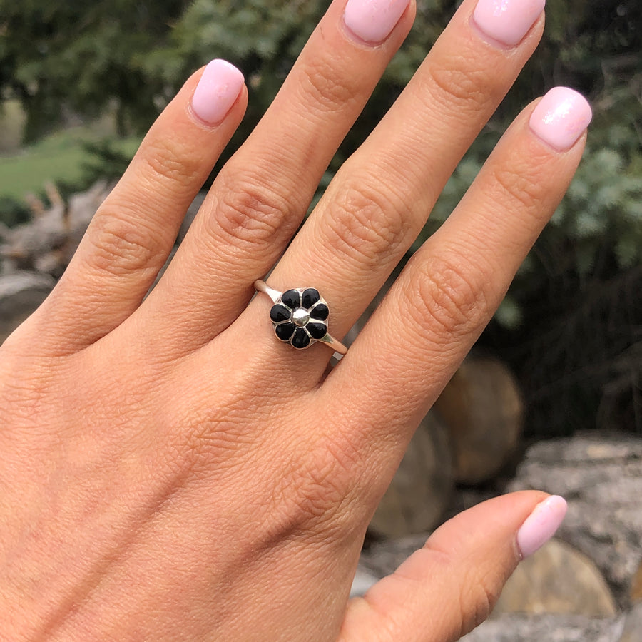 Black Onyx Flower Ring