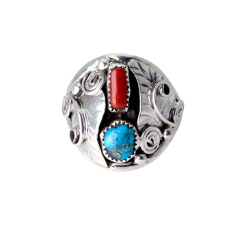 Turquoise and Coral Feather Ring