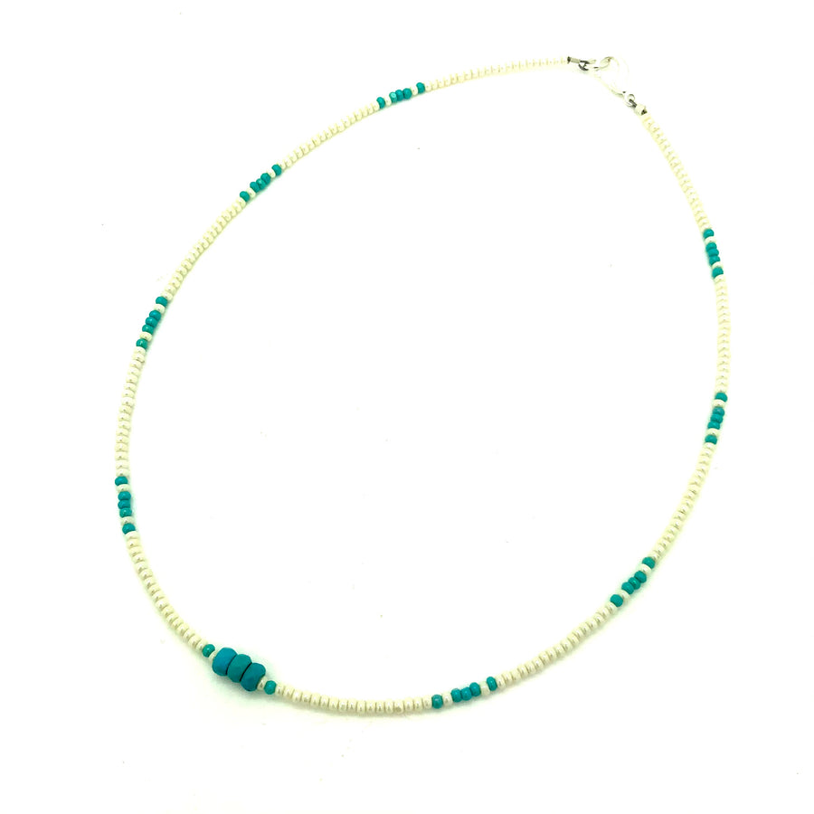 Pearlized White & Turquoise Beaded Necklace